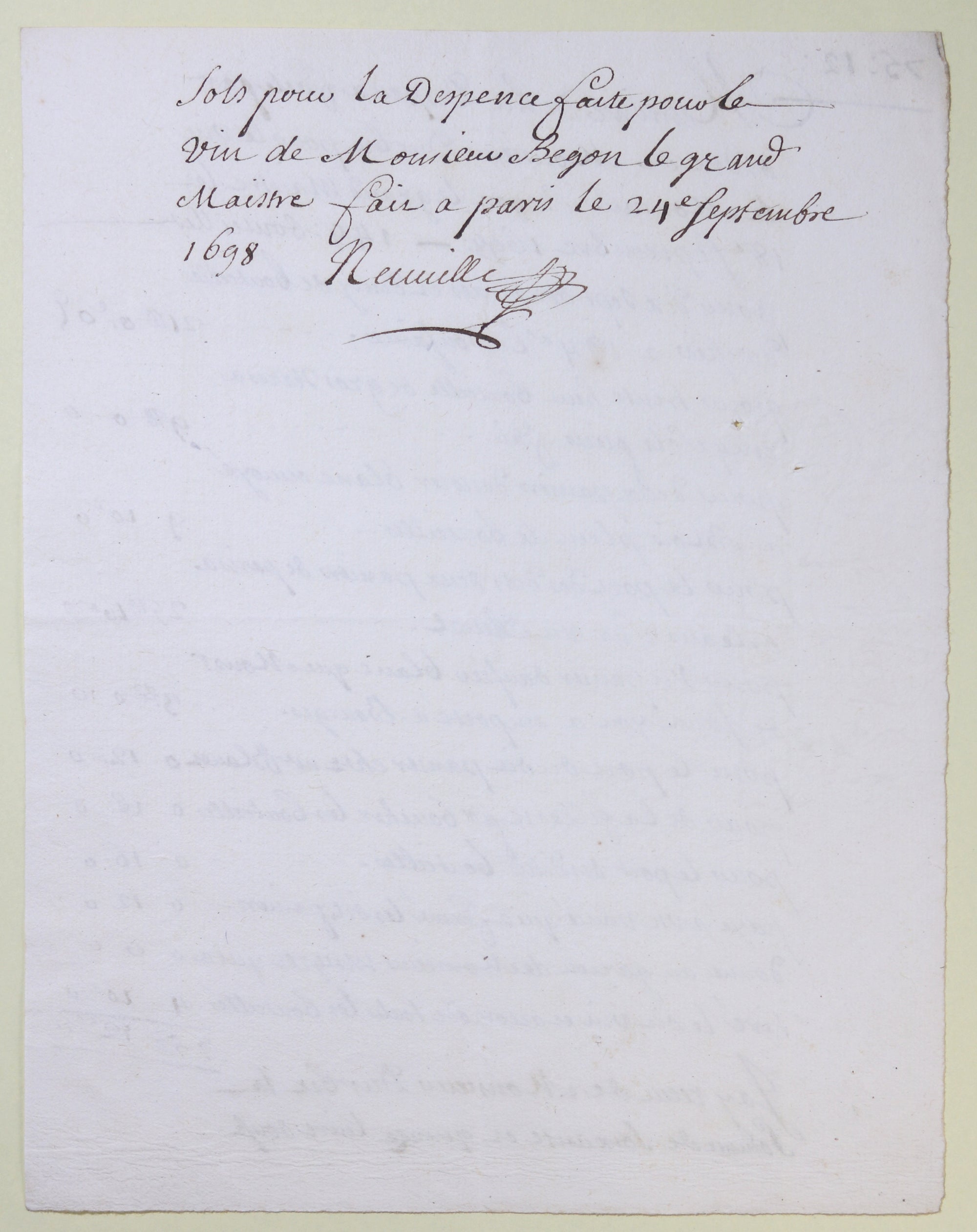 1698 dépenses pour vin M. Begon (future intendant Nouvelle France)