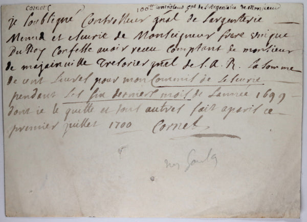 1700 quittance de Cornet, contrôleur général de Philippe d’Orléans