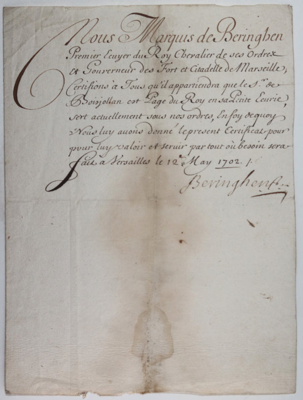 1702 certificat pour Page du roi Louis XIV,  du Marquis de Beringhen