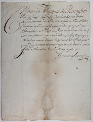 1702 certificat pour Page du roi Louis XIV,  du Marquis de Beringhen