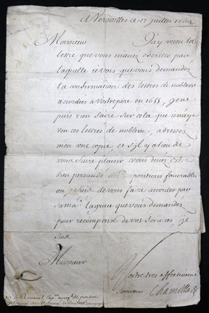 1702 lettre du ministre Chamillart (Louis XIV) sur lettres de noblesse