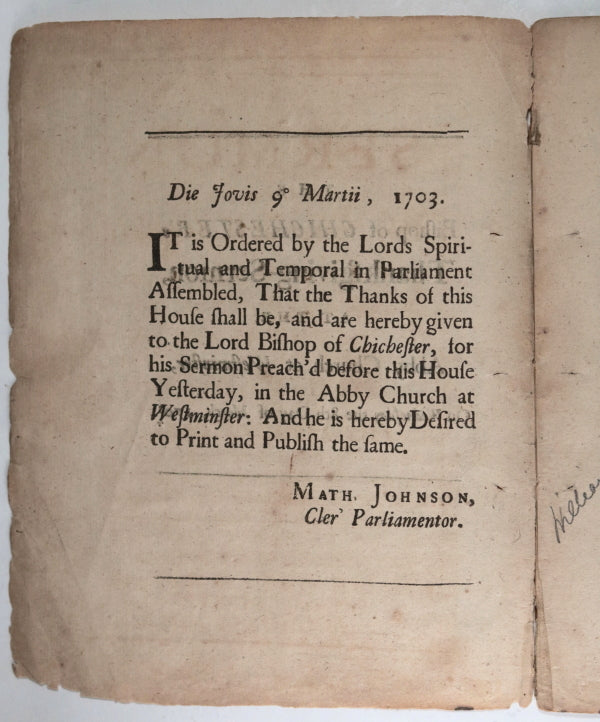 1703 pamphlet Bishop Chichester Thanksgiving sermon Westminster London