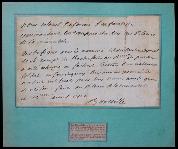 1705 certificat soldat blessé au blocus de la Mirandole (Louis XIV)
