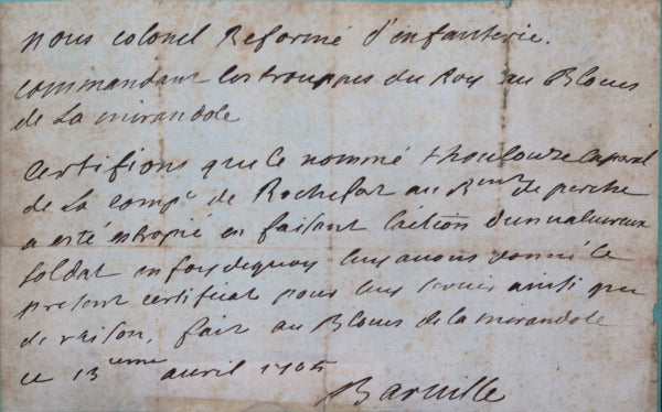 1705 certificat soldat blessé au blocus de la Mirandole (Louis XIV)