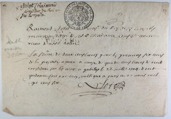 1706 quittance d’Arlot, Premier Médecin de S.A.R. Madame (Louis XIV)