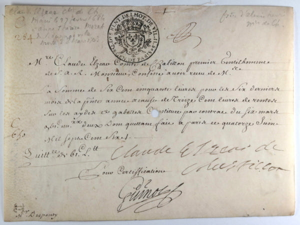 1706 quittance du Comte de Chatillon, Gentilhomme de S.A.R. Monsieur