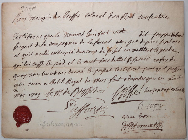 1709 Régiment des Brosses, certificat soldat blessé, Invalides (Paris)