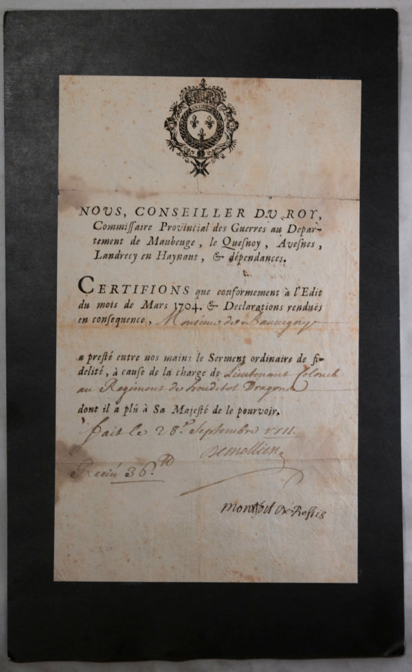 1711 serment de Beauvigny lieutenant colonel régiment Houdelot dragons