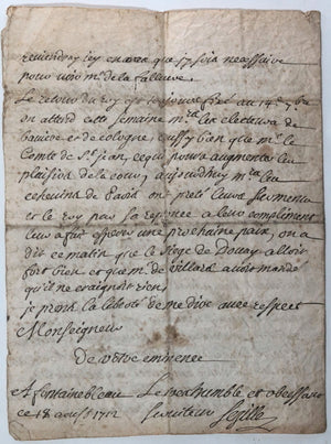 1712 Fontainebleau lettre sur cour de Louis XIV