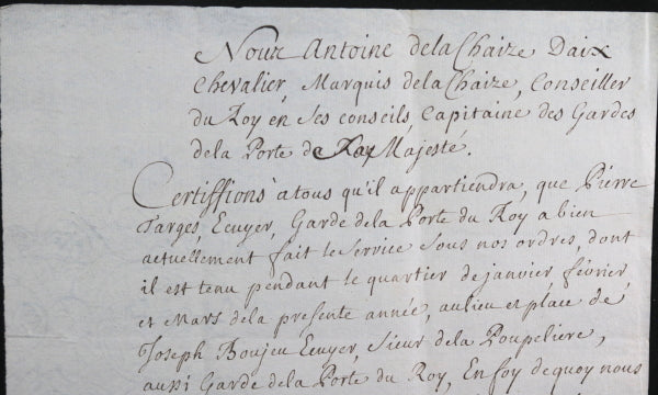 1720 Paris certificat de service Garde de la Porte Roi Louis XV