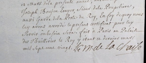 1720 Paris certificat de service Garde de la Porte Roi Louis XV