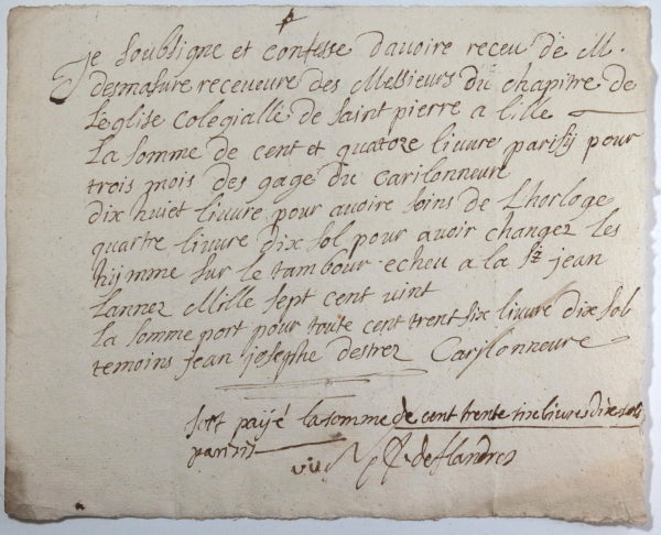 1720 quittance carillonneur, église collégiale de St. Pierre à Lille