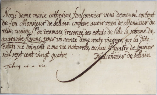 1724 Lille & Tournai, 2 documents Mme. Faulconnier de Bellain