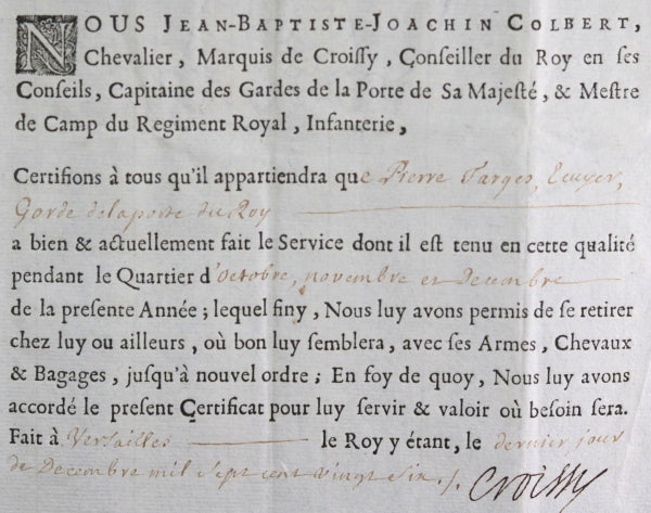 1726 Marquis de Croissy certificat service garde de porte Roi Louis XV