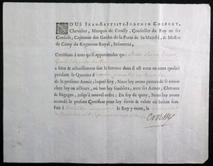 1726 Marquis de Croissy certificat service garde de porte Roi Louis XV