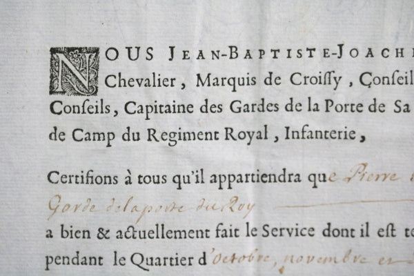 1726 Marquis de Croissy certificat service garde de porte Roi Louis XV