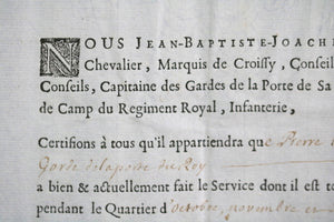 1726 Marquis de Croissy certificat service garde de porte Roi Louis XV