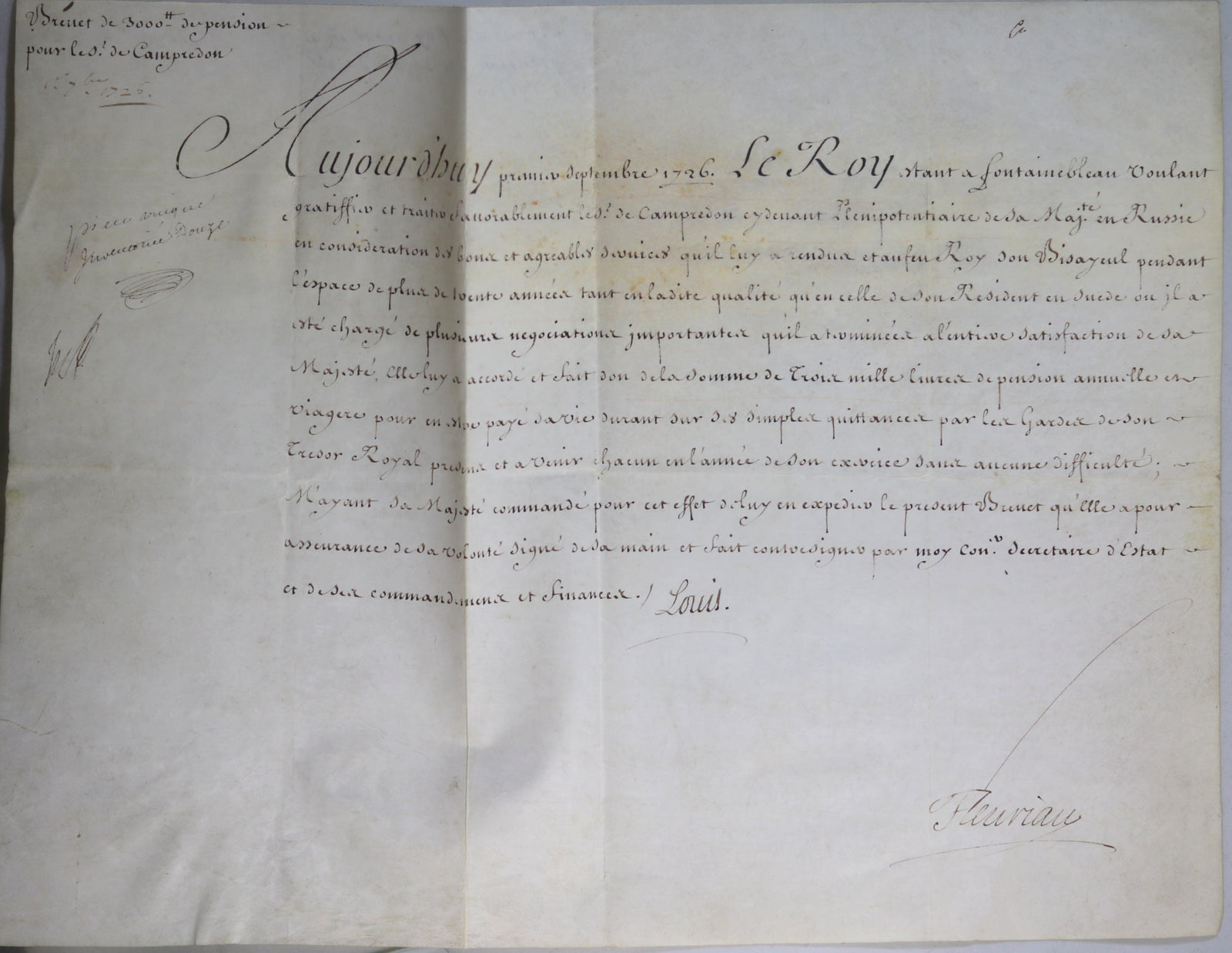 1726 pension pour Sr. Campredon, signé Louis XV et Fleuriau