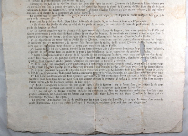 1729 affiche l’Evèque de Maçon, réparation routes du Mâconnois France