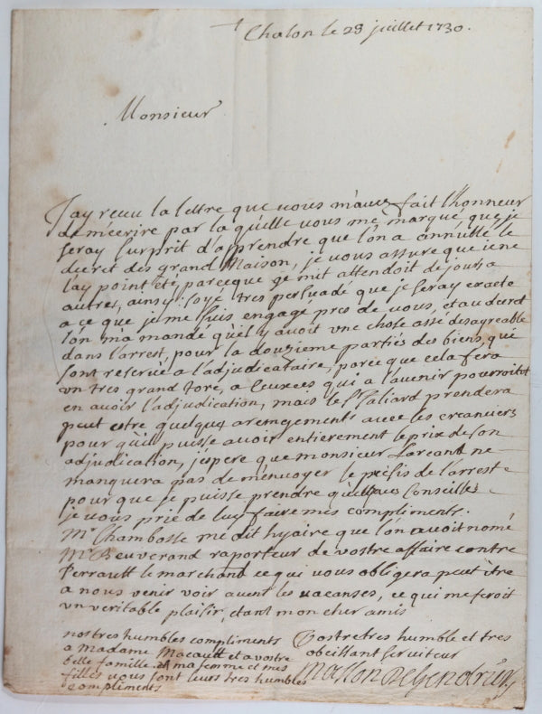 1730 Chalon, lettre de Masson de Gendrier à M. Macault Con.er du Roi