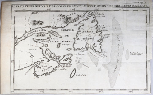 ~1732 French map of east coast of New France and Newfoundland (Canada)