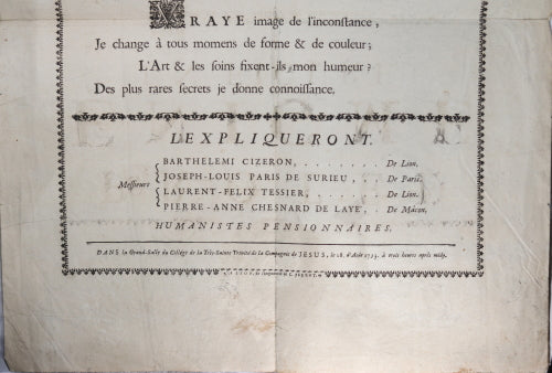 1733 affiche Lyon Collège de la Très Sainte Trinité (Jésuites)