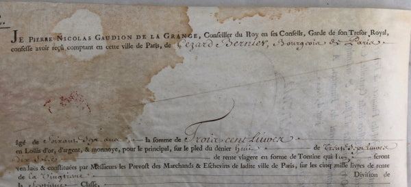 1733 quittance rente viagere, Pierre-Nicolas Gaudin Garde Trésor Royal