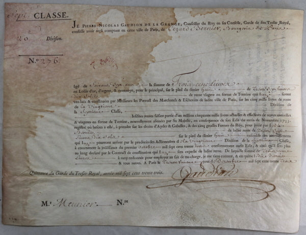 1733 quittance rente viagere, Pierre-Nicolas Gaudin Garde Trésor Royal