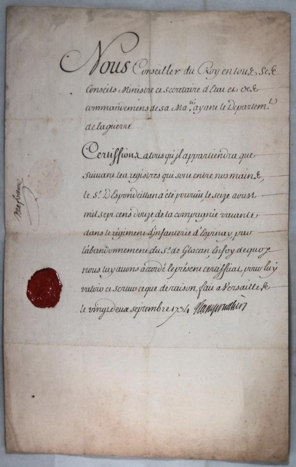1734 nomination d'Espondeilhan regiment d'Espinay, par d'Angervilliers