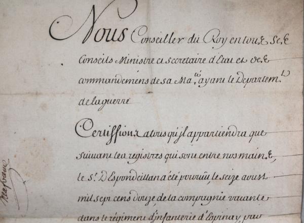 1734 nomination d'Espondeilhan regiment d'Espinay, par d'Angervilliers