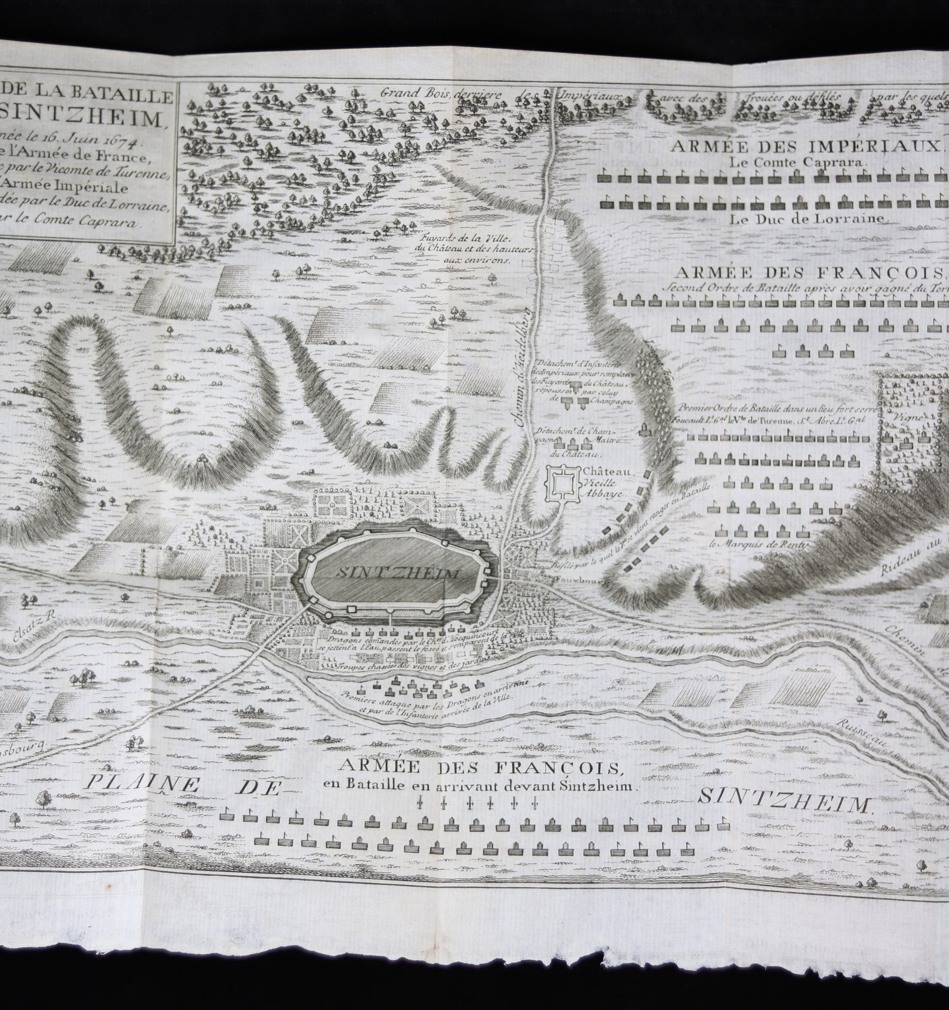 1735 Gravure 'Plan de la bataille de Sintzheim 16 juin 1674 Turenne'