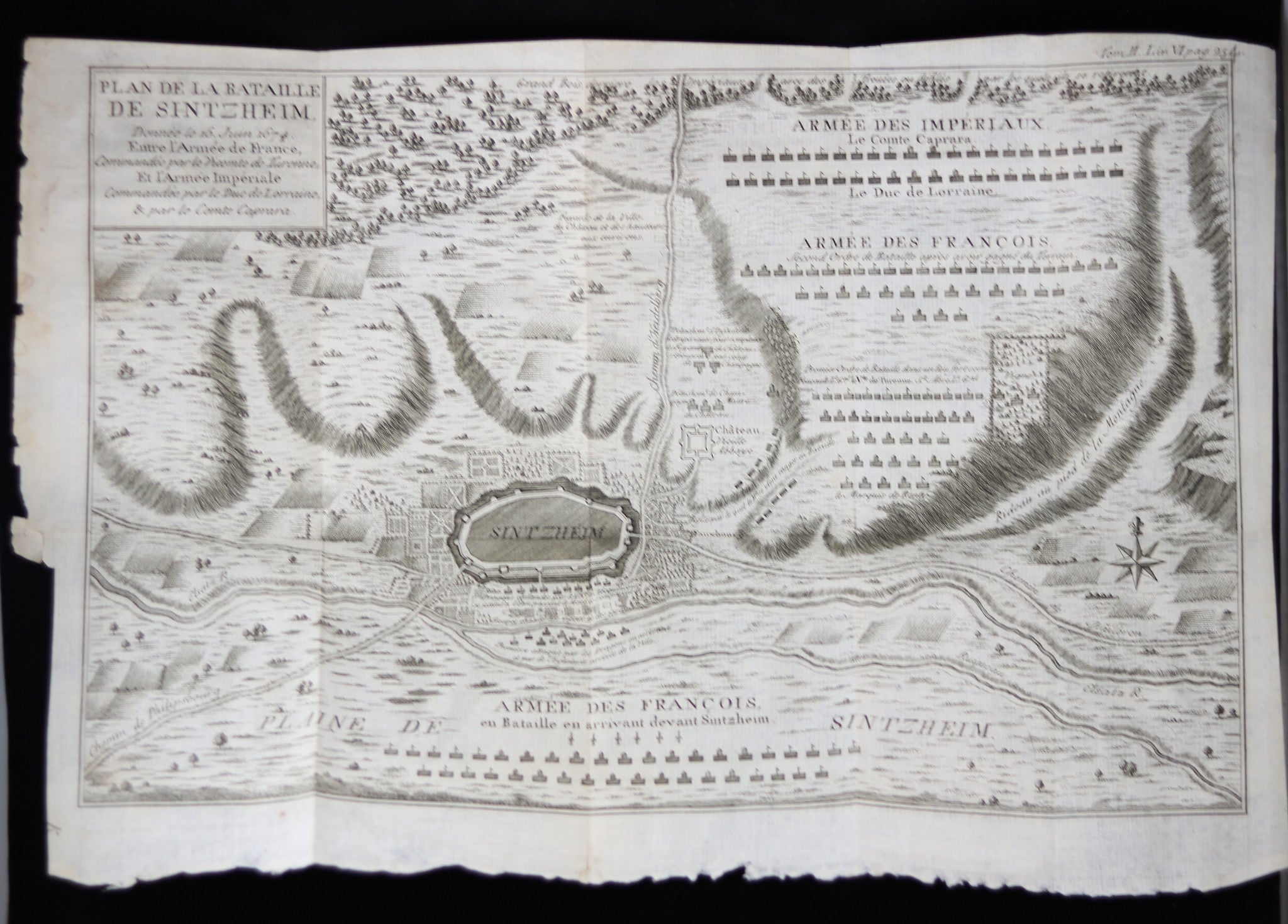 1735 Gravure 'Plan de la bataille de Sintzheim 16 juin 1674 Turenne'