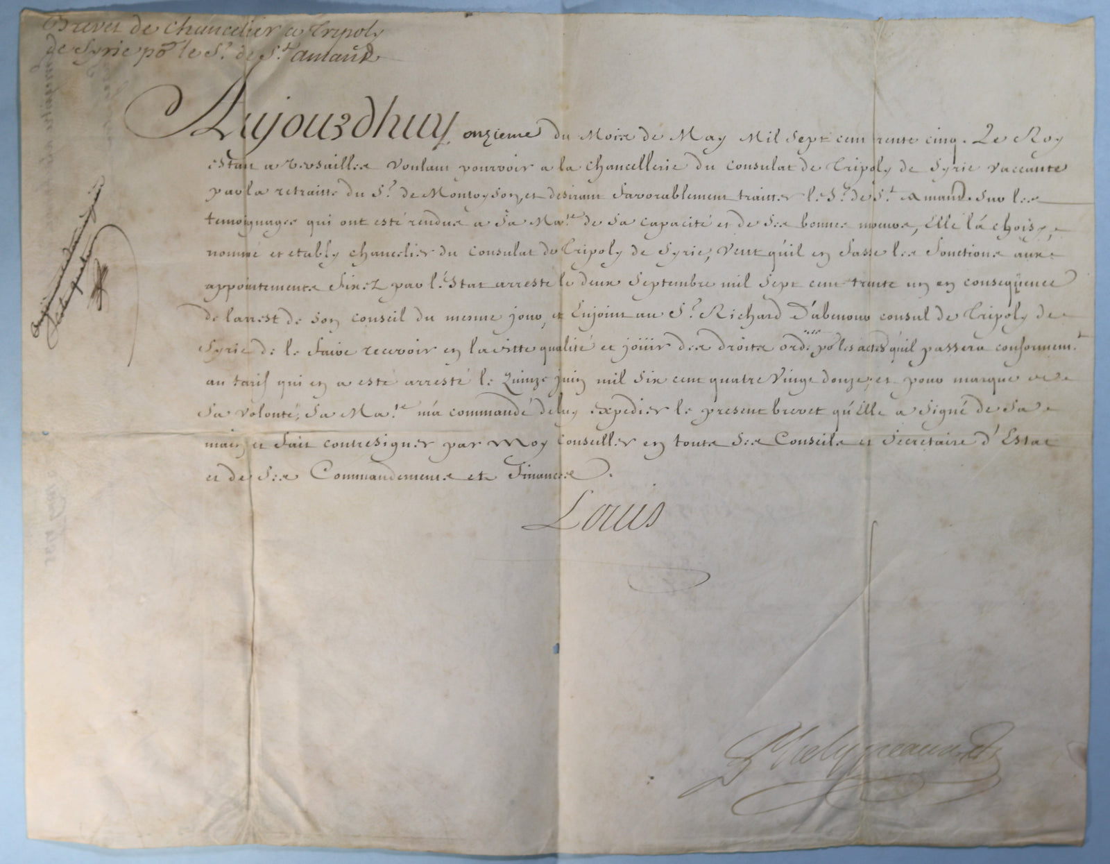 1735 brevet chancelier à Syrie M. St Amand, signé Louis XV, Phélypeaux