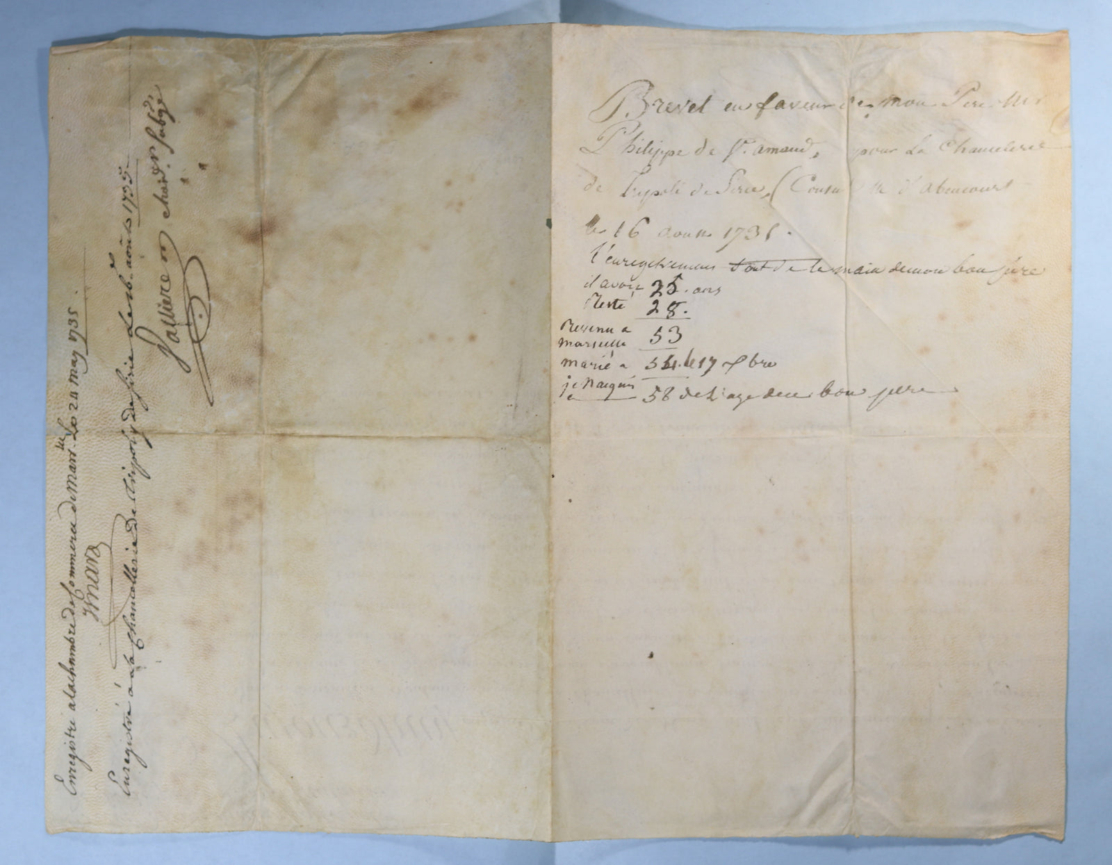 1735 brevet chancelier à Syrie M. St Amand, signé Louis XV, Phélypeaux