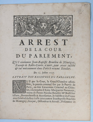 1737 condamnation de Montigny avoir la tête tranché sur un échafaud