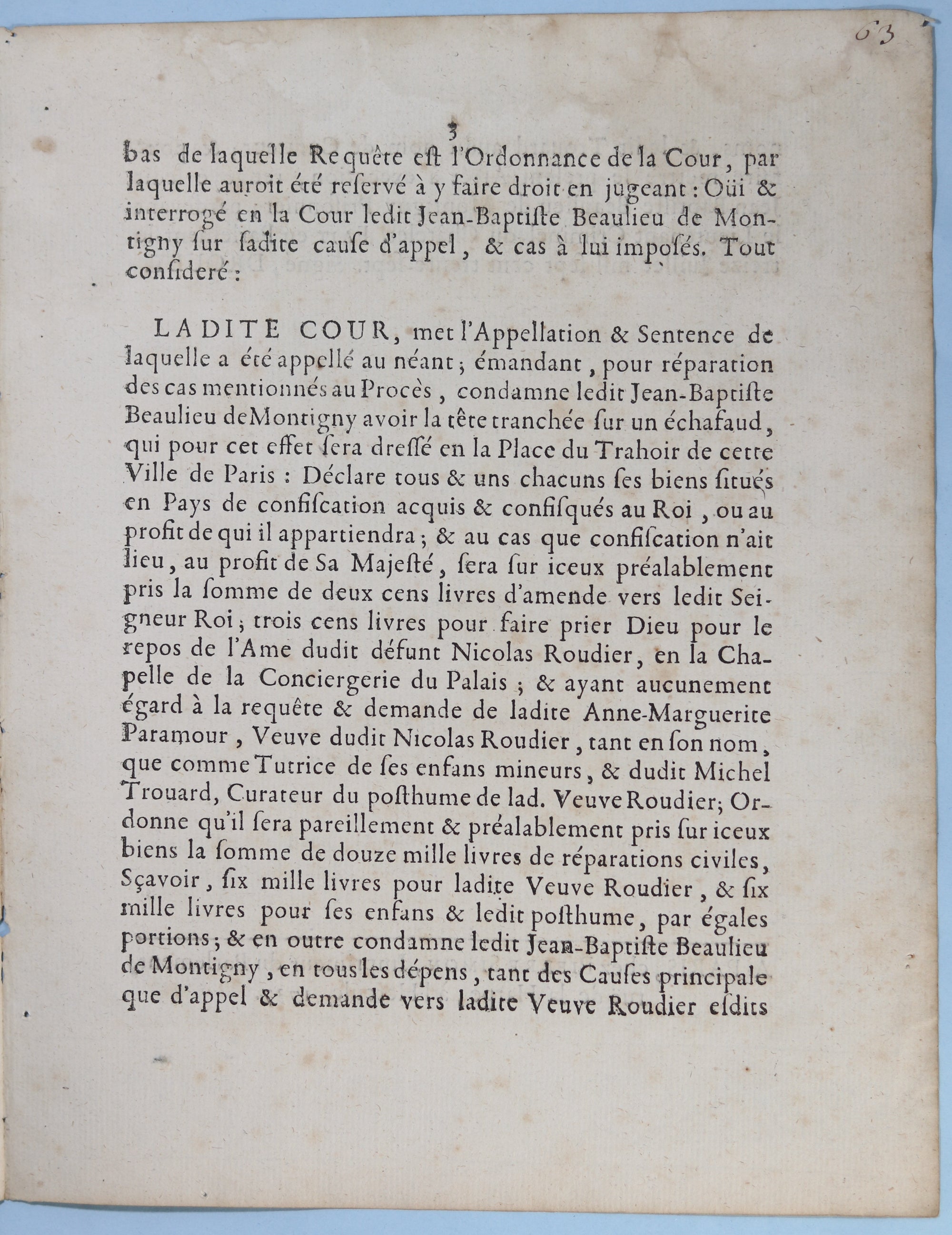 1737 condamnation de Montigny avoir la tête tranché sur un échafaud
