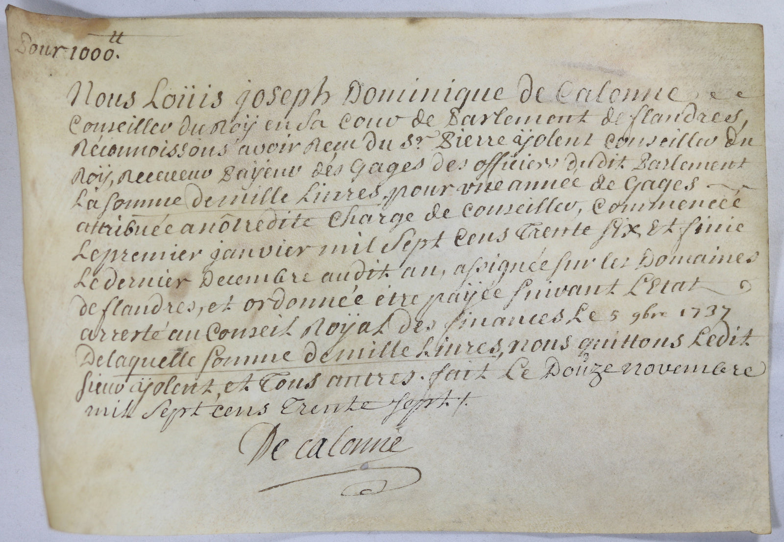 1737 parchemin signé par Louis de Calonne, quittance pour gages 