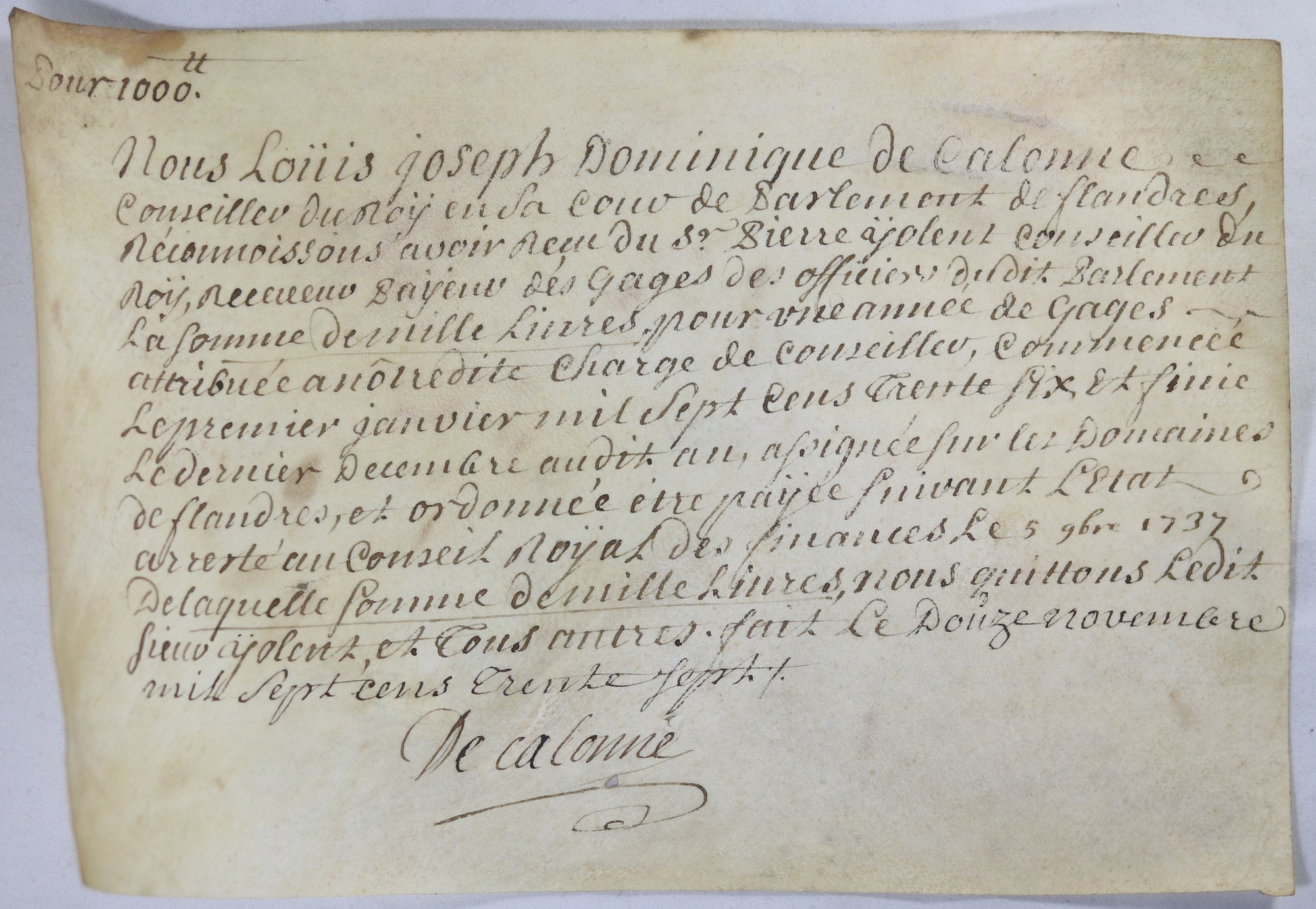 1737 parchemin signé par Louis de Calonne, quittance pour gages 