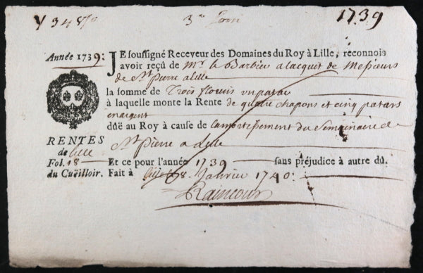 1739 Lille, paiement de Rentes, séminaire de Saint-Pierre