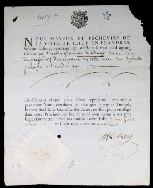 1744 lettre de vie pour Nicolas de Douaÿ, par ville de Lille