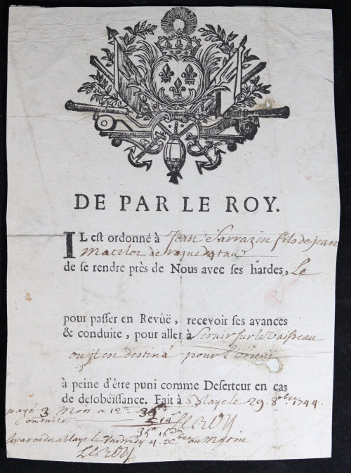 1744 ordre d'embarquement pour marin à Blaye (destination l'Orient)