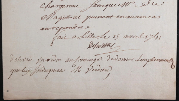 1745 Lille lettre intendant De Séchelles, Régiment de Normandie