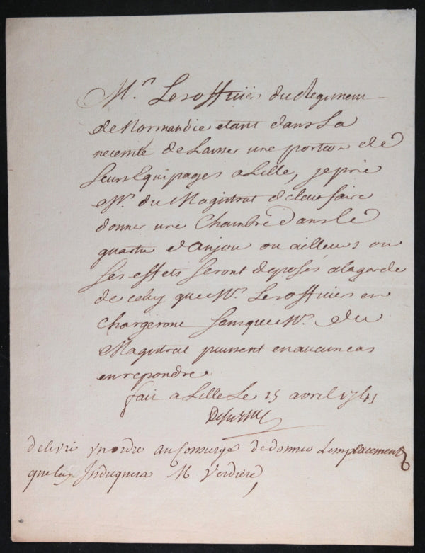 1745 Lille lettre intendant De Séchelles, Régiment de Normandie