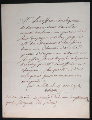 1745 Lille lettre intendant De Séchelles, Régiment de Normandie