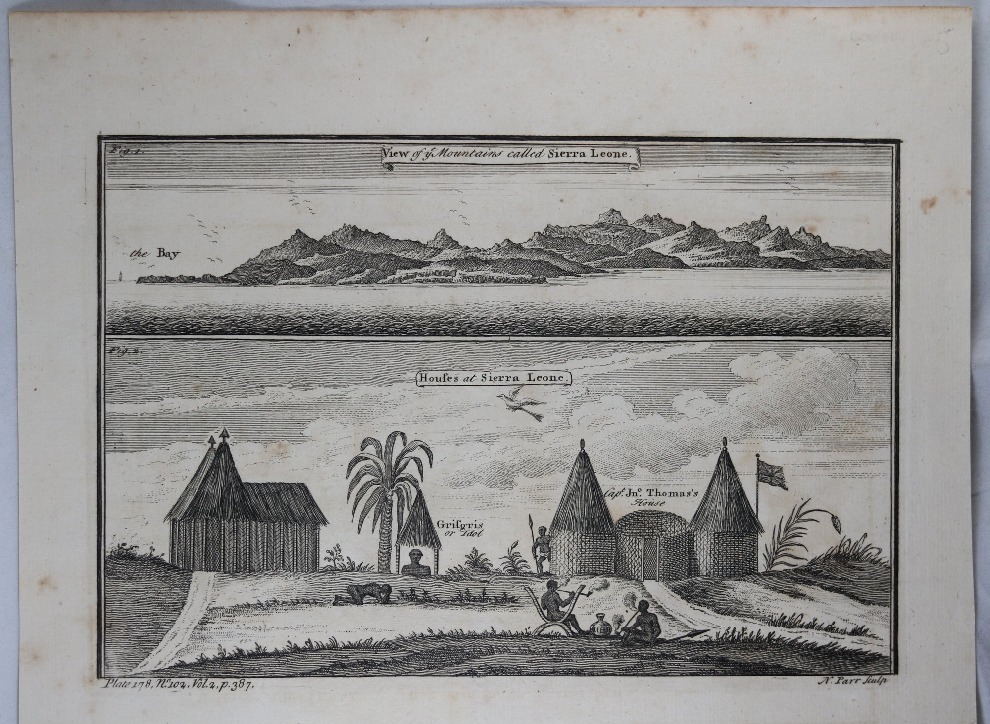1745 engraving Mountains and Houses of Sierra Leone