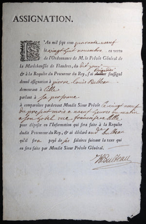 1749 Lille assignation devant Prévot pour M. Bulbeau