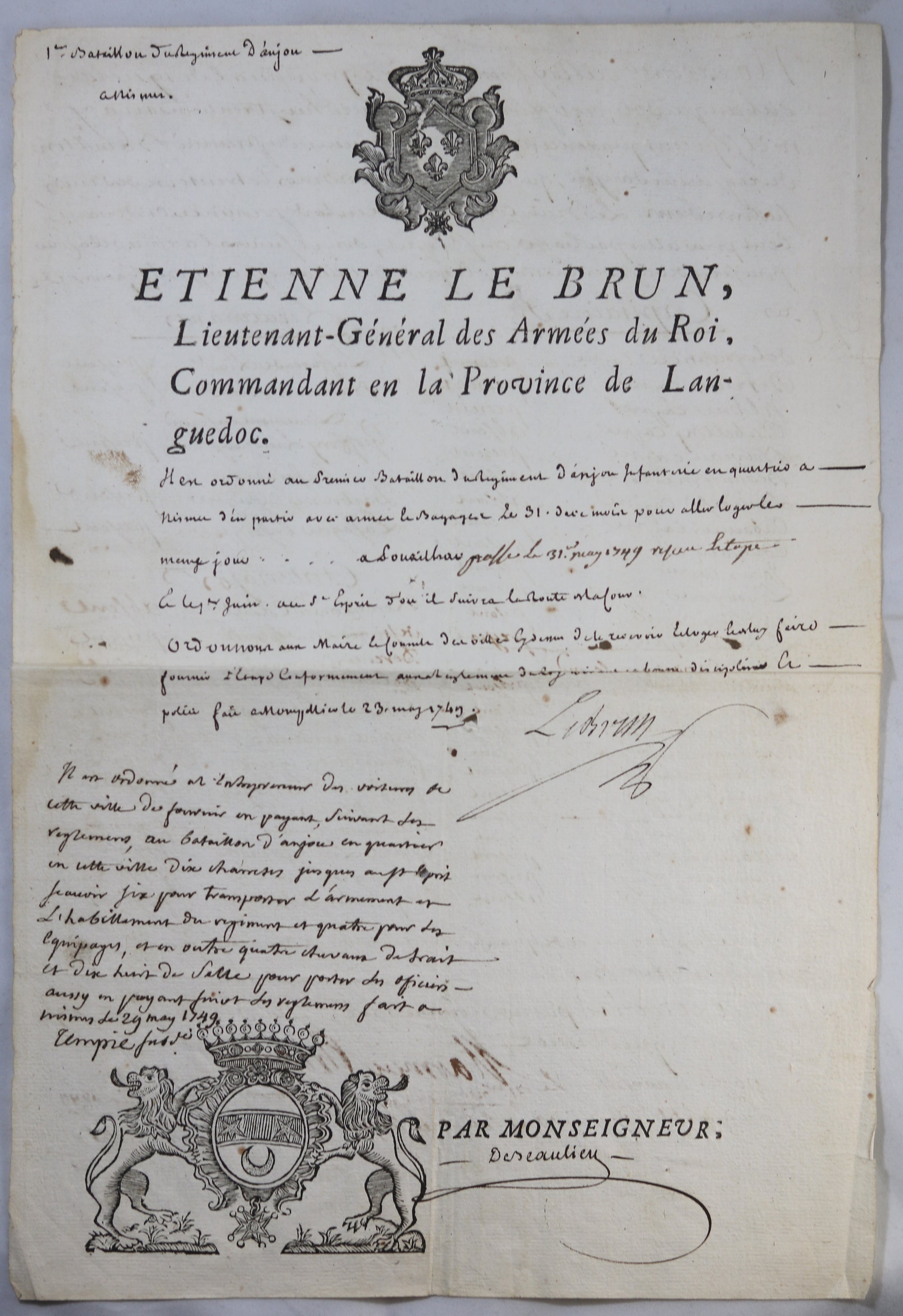 1749 mouvement 1er bataillon Régiment d'Anjou et liste des officiers