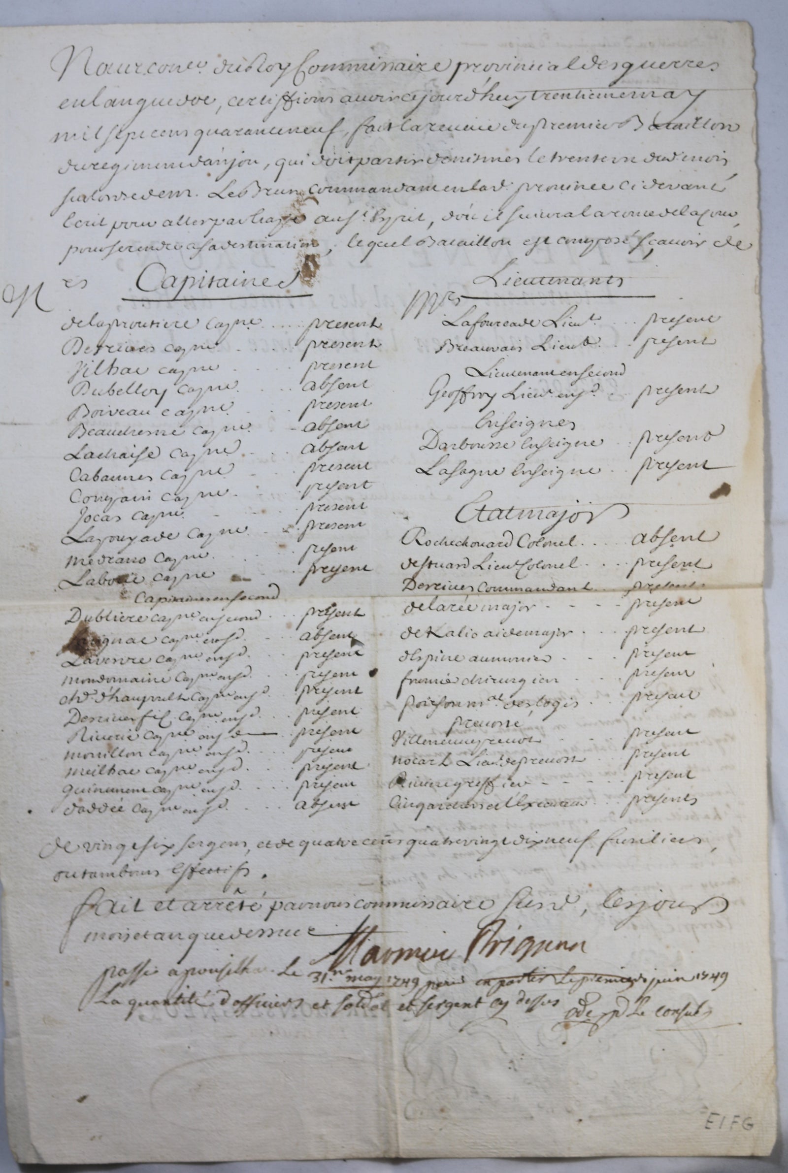 1749 mouvement 1er bataillon Régiment d'Anjou et liste des officiers