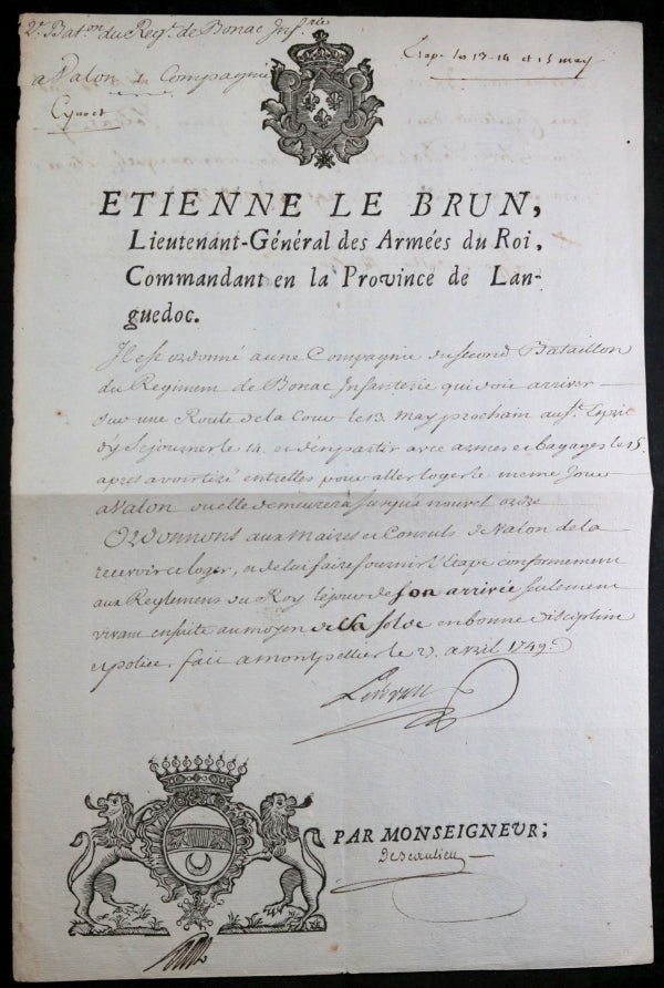 1749 lettre Étienne Le Brun, Commandant Languedoc, régiment de Bonac