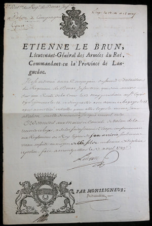 1749 lettre Étienne Le Brun, Commandant Languedoc, régiment de Bonac